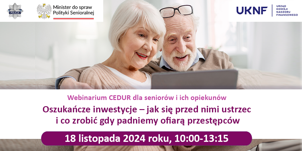 Grafika Urząd KNF webinarium CEDUR dla seniorów i ich opiekunów 18 listopada 2024 roku